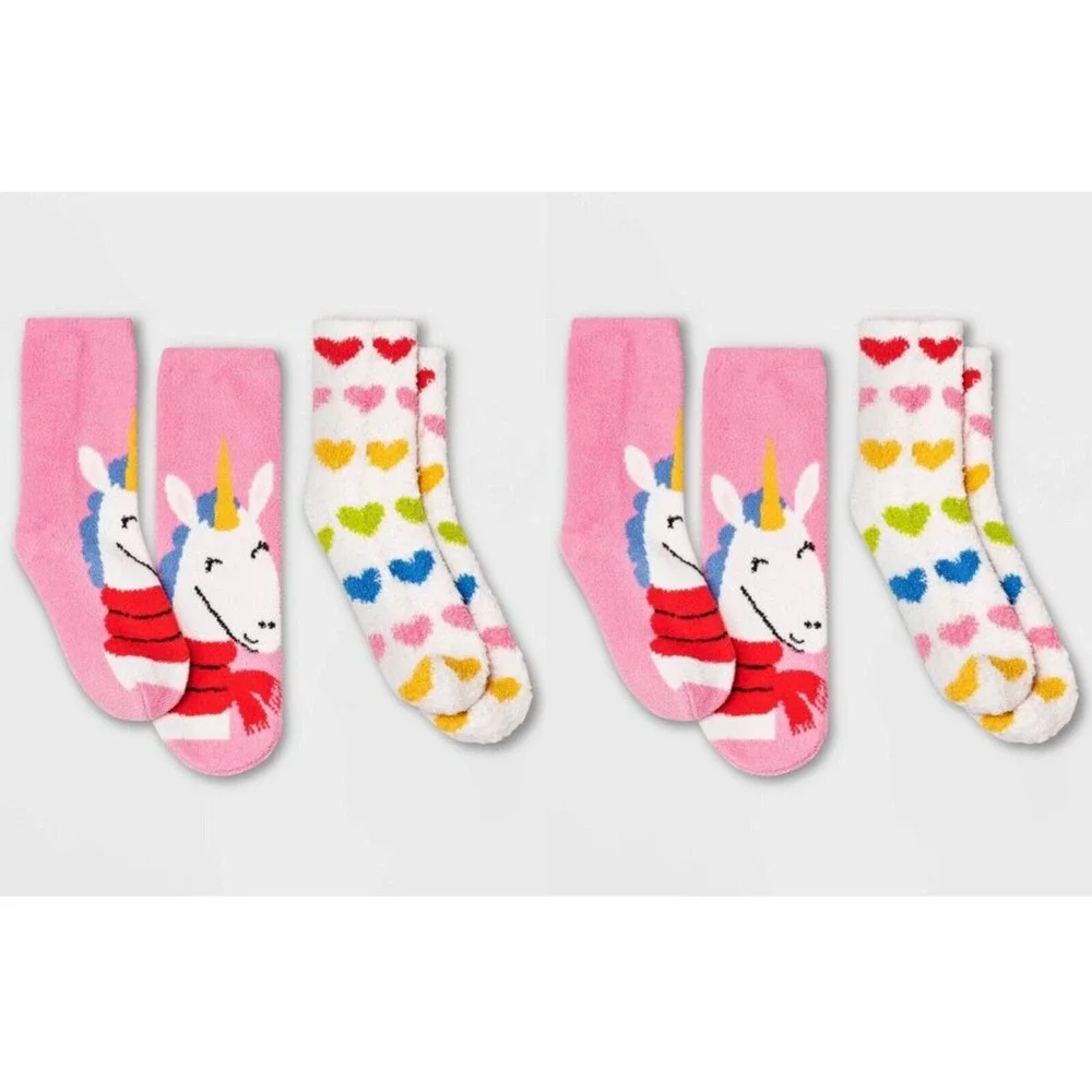 Girl's XS/S (11-1) Unicorn Hearts Cozy Crew Socks Pink (4 Pairs Total) NEW‎